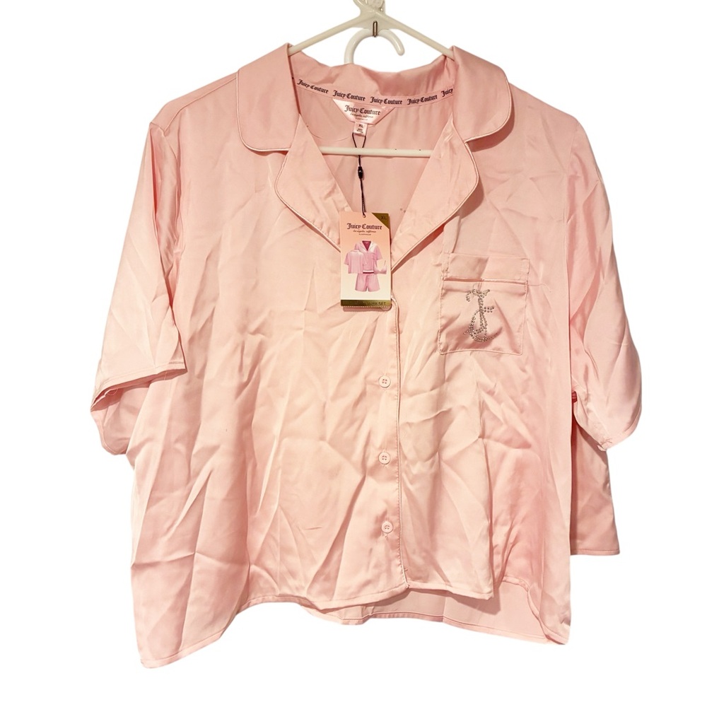 Juicy Couture Size XL Pink Satin 2 Piece Shorts Button Down Spellout Pajama‎ NEW
